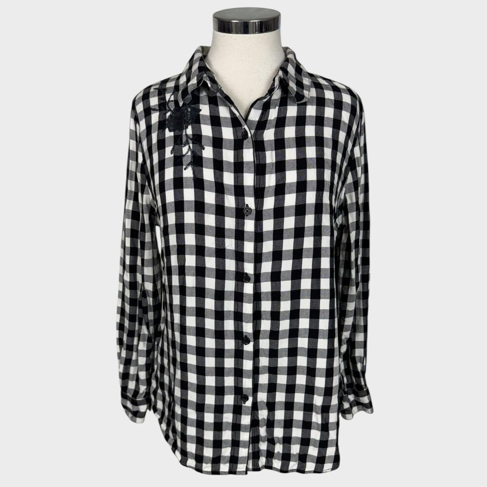 bll Beach Lunch Lounge Womens Medium Black White Check Button Front Shirt
